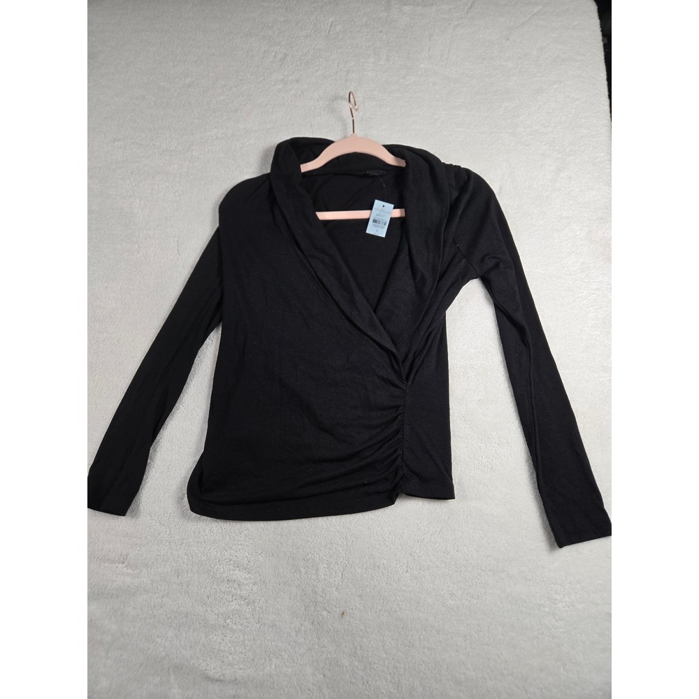 Ann Taylor Petite Black Ruched Surplice Wrap Top Long Sleeve Small SP NEW